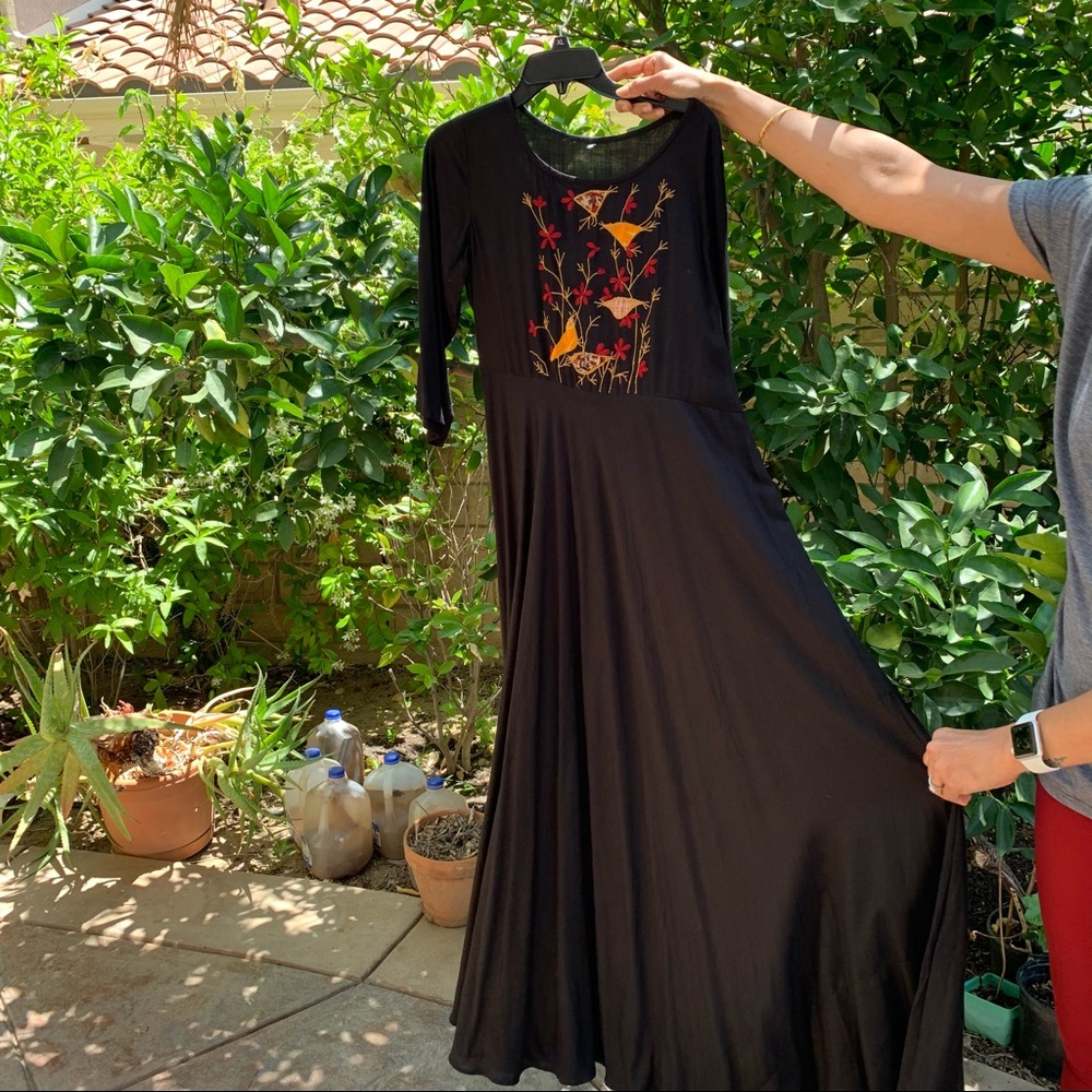 Indian cotton black maxi dress with birds